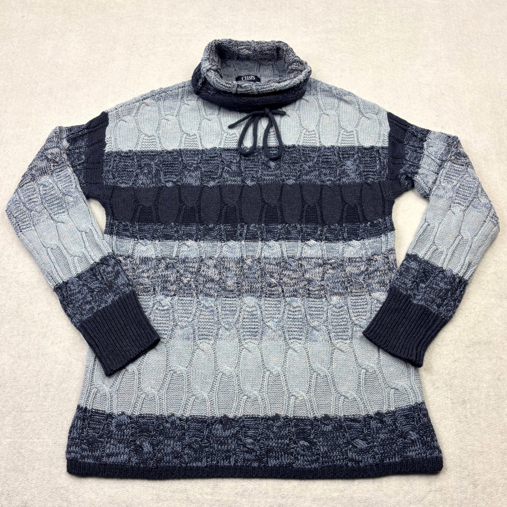 Chaps Sweater Womens Medium Blue Striped Cable Knit Cowl Neck Drawstring Tunic M